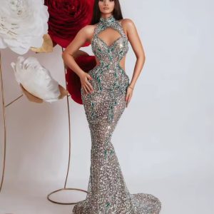 Erotic Sparkling Sequins Crystal Cut-Out Mermaid Sleeveless Dress Gown