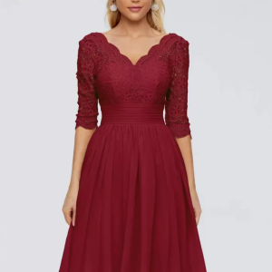 Erotic V-Neck Half Sleeves Short Lace Knee-Length Wedding Guest Dresses