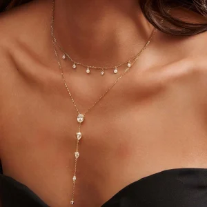 Exquisite Y-Shaped 925 Sterling Silver Double Layer O-Chain With Cubic Zirconia Decor Present Choker Necklace