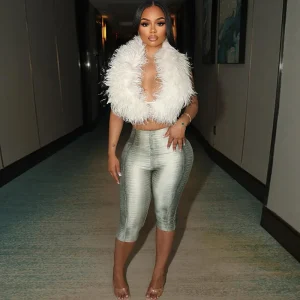 Faux Fur Backless Halter Top Snake Print Capri Pants Matching Two Piece Set