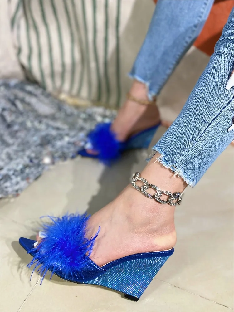 Feather Wedges Pointed toe Mules Slides Heels Sandals - Image 3