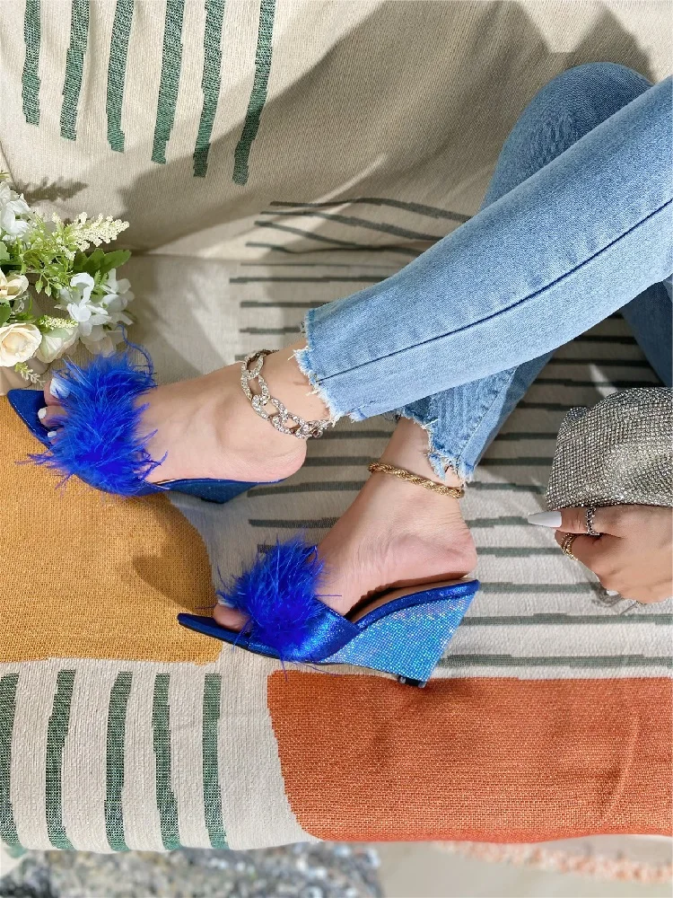 Feather Wedges Pointed toe Mules Slides Heels Sandals - Image 2