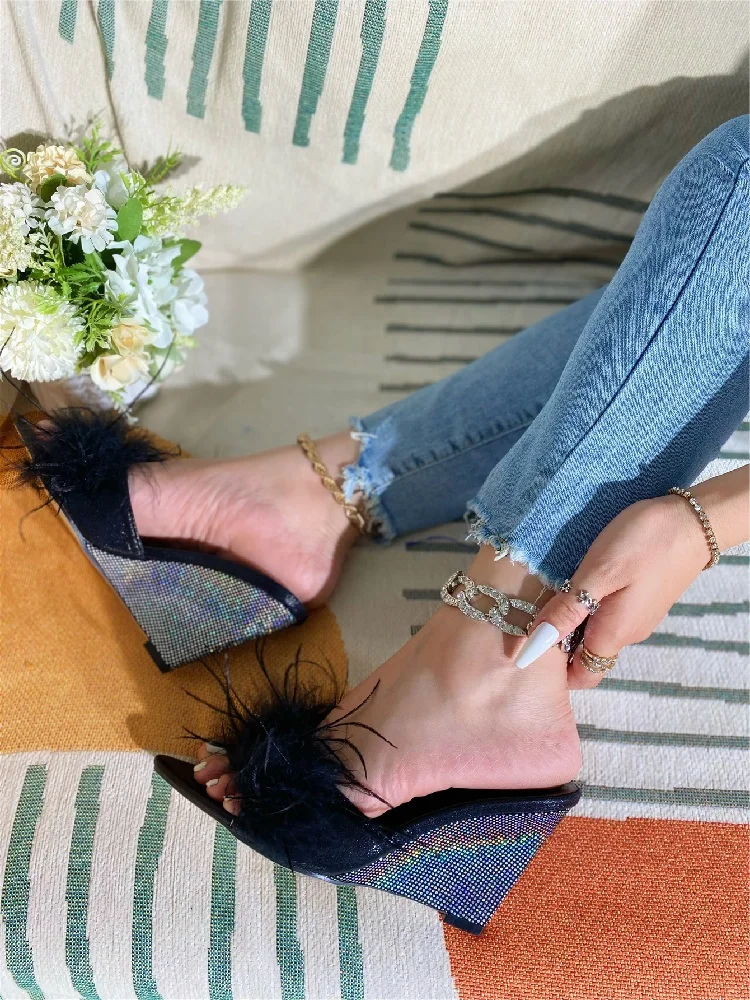 Feather Wedges Pointed toe Mules Slides Heels Sandals - Image 8