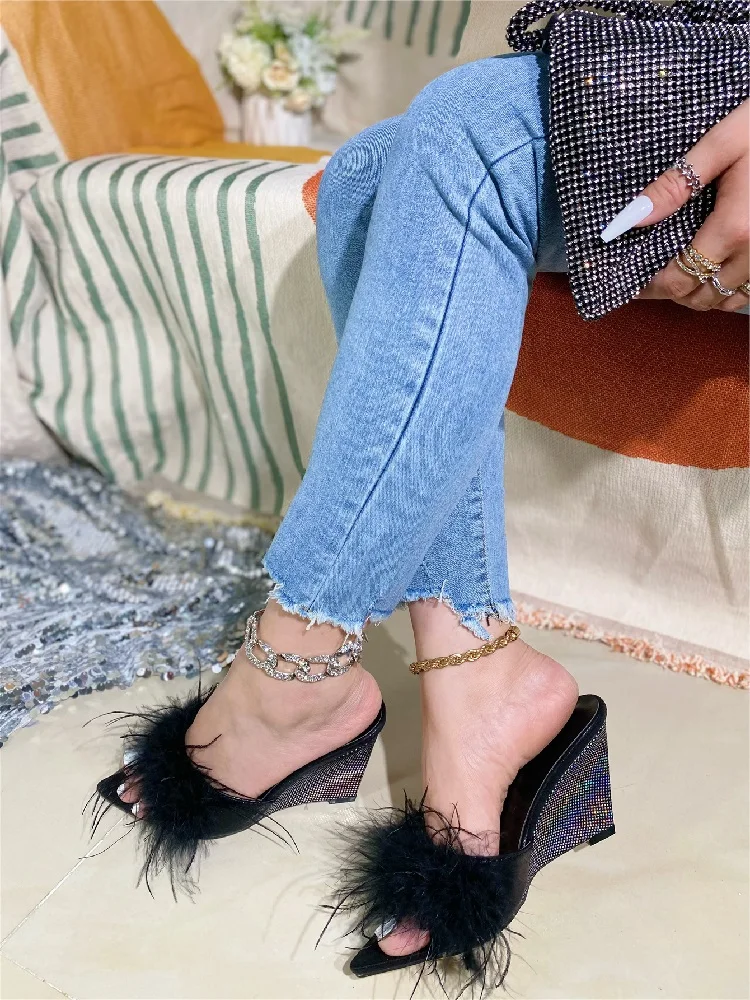 Feather Wedges Pointed toe Mules Slides Heels Sandals - Image 9