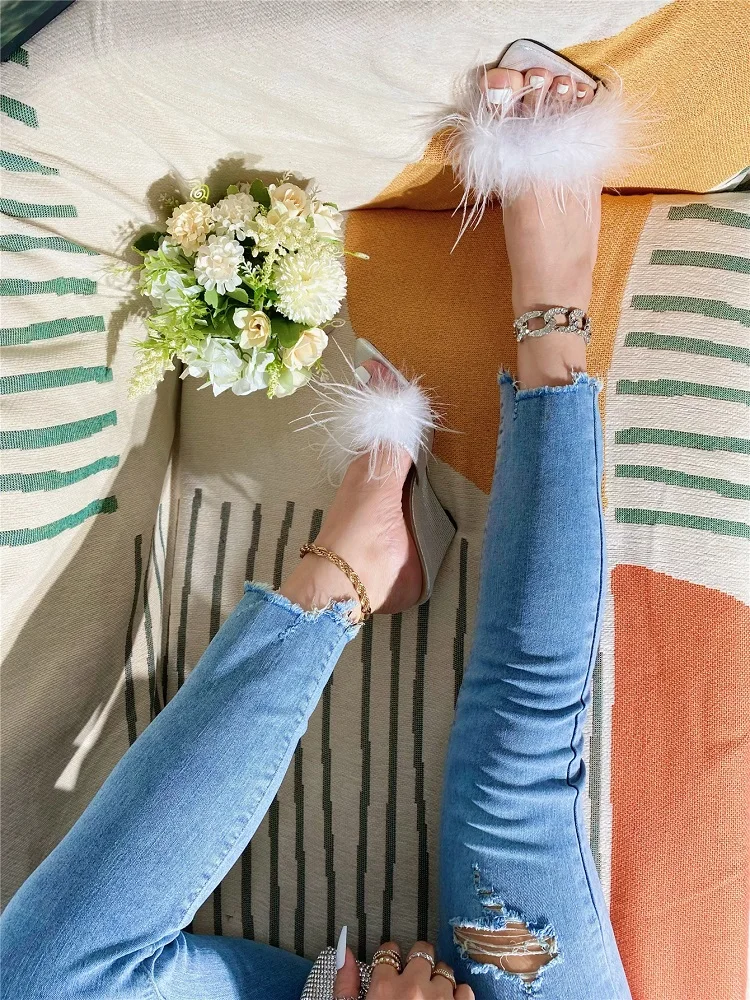 Feather Wedges Pointed toe Mules Slides Heels Sandals - Image 6