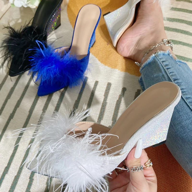 Feather Wedges Pointed toe Mules Slides Heels Sandals - Image 11