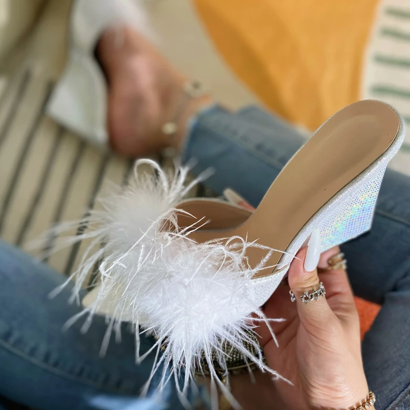 Feather Wedges Pointed toe Mules Slides Heels Sandals - Image 5