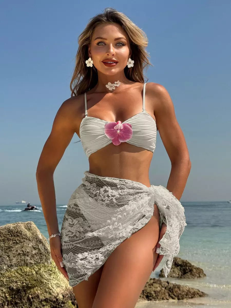 Floral Beach Style Accents And Lace Spaghetti Straps Cover-up With 3 Piece Bikini And Skirt - Image 5