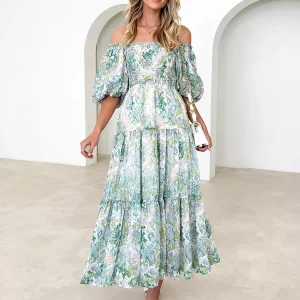 Floral Print Off-Shoulder Short Puff Sleeve Shirred Midi Dress