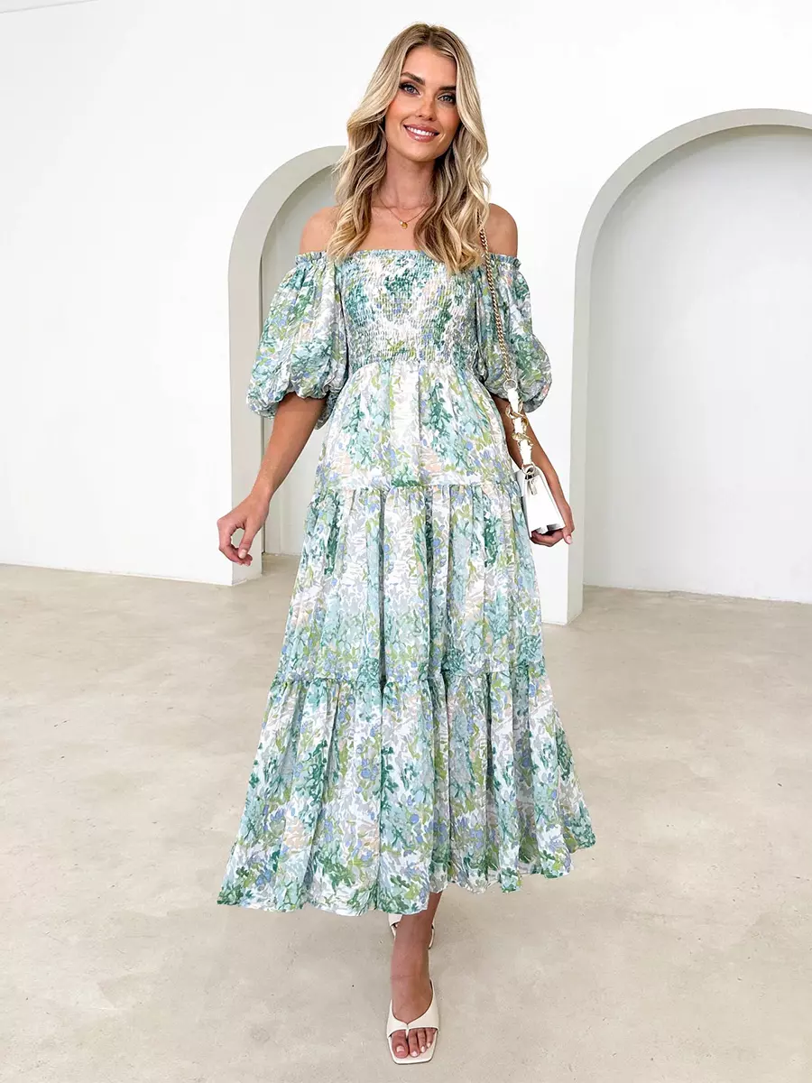 Floral Print Off-Shoulder Short Puff Sleeve Shirred Midi Dress