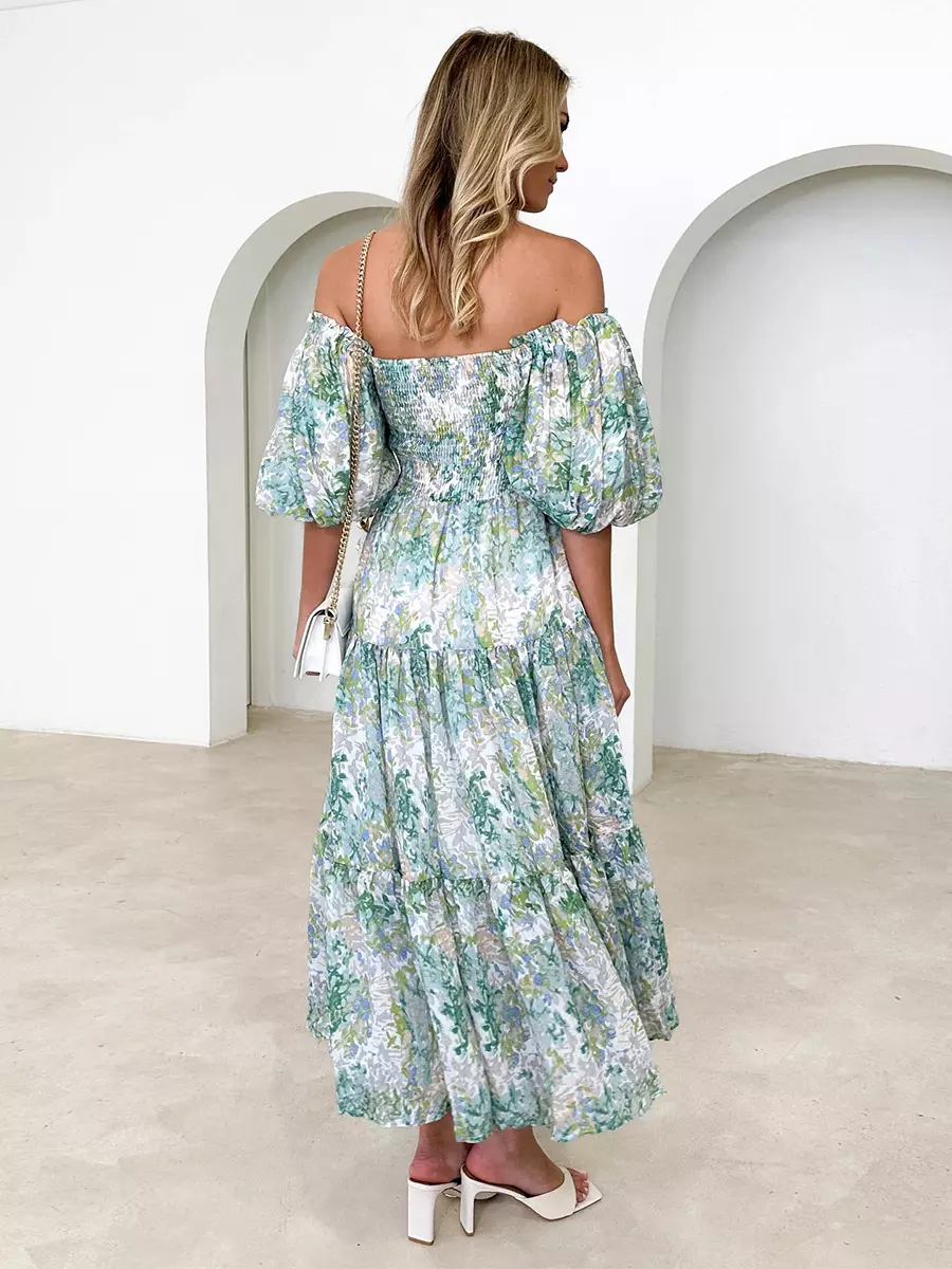 Floral Print Off-Shoulder Short Puff Sleeve Shirred Midi Dress - Image 4