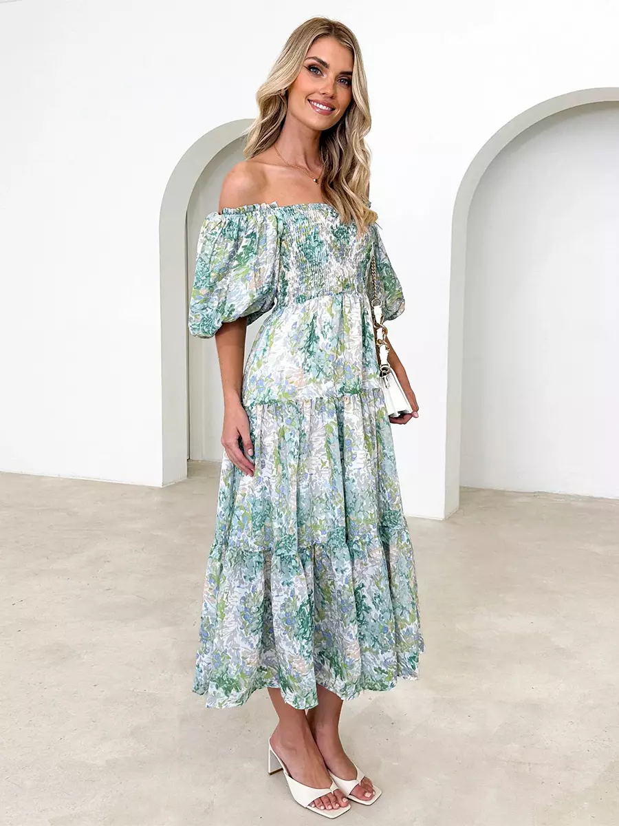 Floral Print Off-Shoulder Short Puff Sleeve Shirred Midi Dress - Image 2