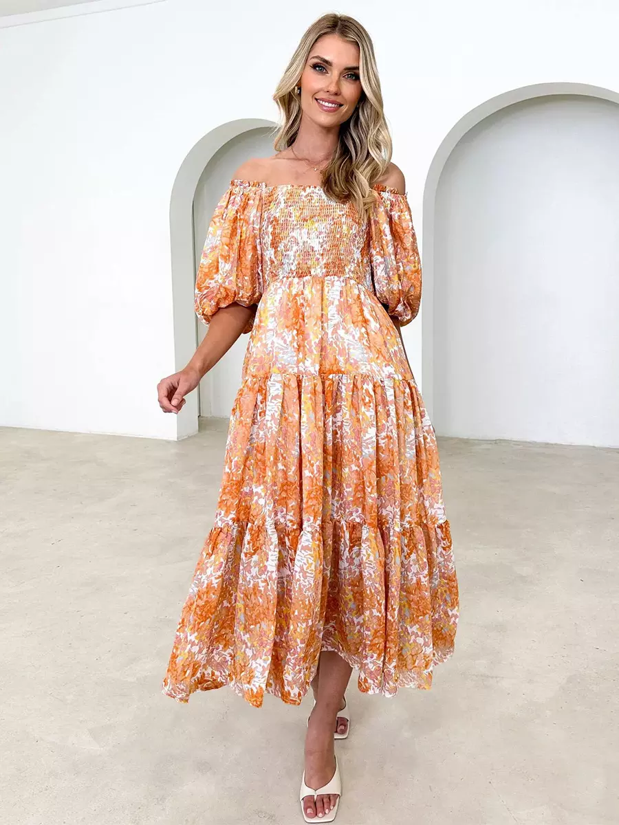 Floral Print Off-Shoulder Short Puff Sleeve Shirred Midi Dress - Image 5