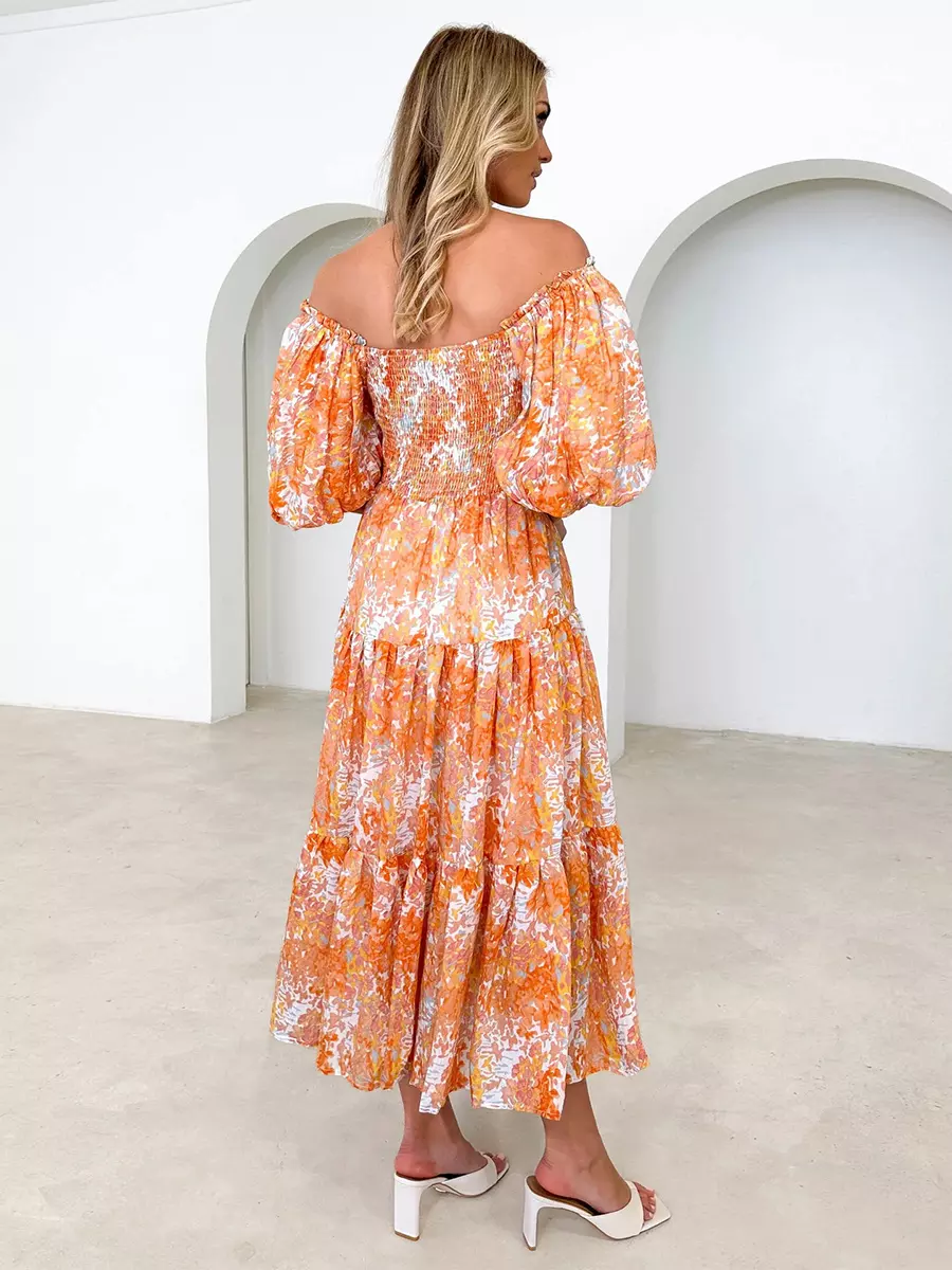 Floral Print Off-Shoulder Short Puff Sleeve Shirred Midi Dress - Image 8