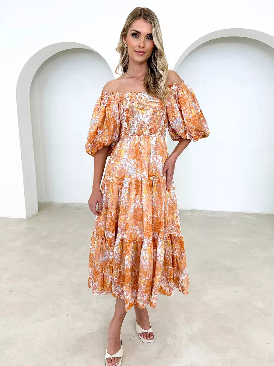 Floral Print Off-Shoulder Short Puff Sleeve Shirred Midi Dress - Image 6