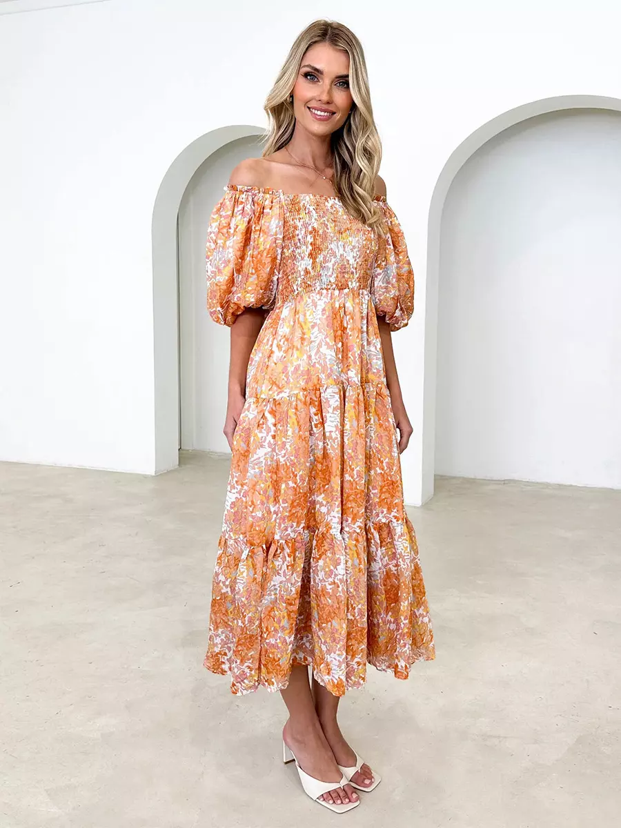 Floral Print Off-Shoulder Short Puff Sleeve Shirred Midi Dress - Image 7