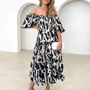 Casual Floral Print Short Puff Sleeve Shirred Midi Dress