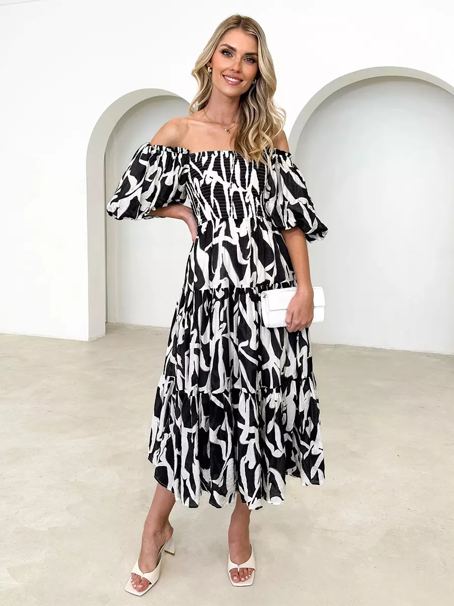 Casual Floral Print Short Puff Sleeve Shirred Midi Dress