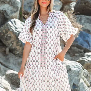 Floral Print Puff Short Sleeve Street Wear Beach Shift Dress