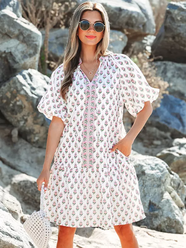 Floral Print Puff Short Sleeve Street Wear Beach Shift Dress