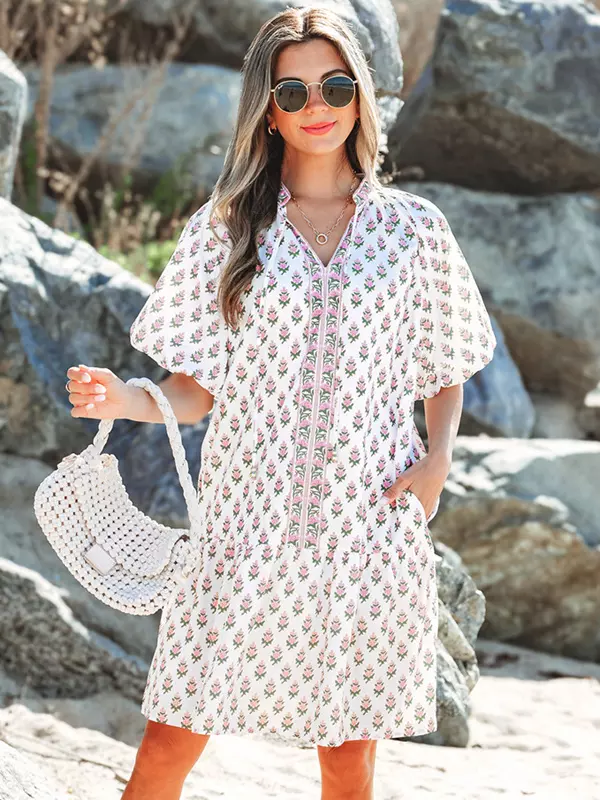 Floral Print Puff Short Sleeve Street Wear Beach Shift Dress - Image 2