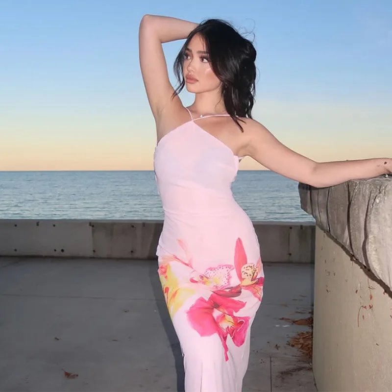 Floral Printing Sleeveless Backless Holiday Outfits Beach Party Dresses - Image 3
