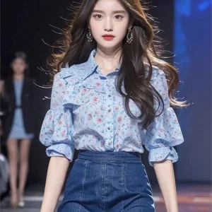 Floral Single Breasted Puff Sleeve Ruffles Patchwork Blouse Shirts