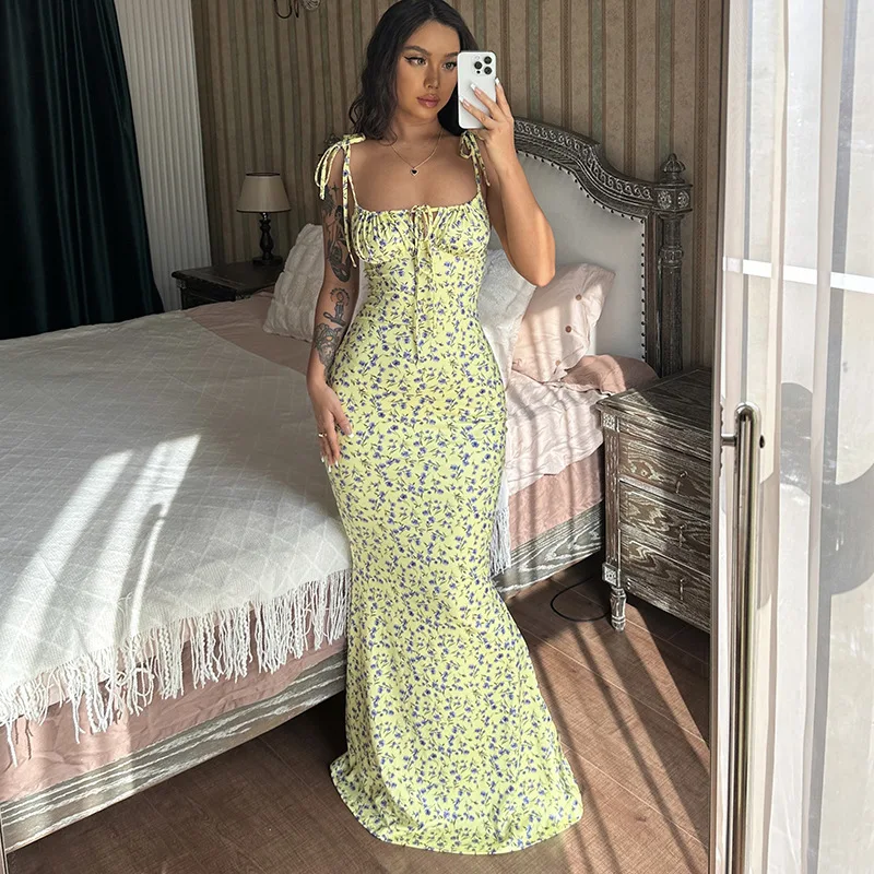 Floral Strapless Natural Waist Beach Vacation Bodycon Long Dress