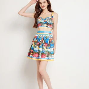 Flower Chest Pads Crop Tops Mini Short Skirt Suits Holiday Beach Matching Sets