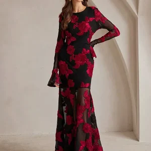 Flower Embroidery With Sheer Sleeves And Open Back For Party Maxi Dress