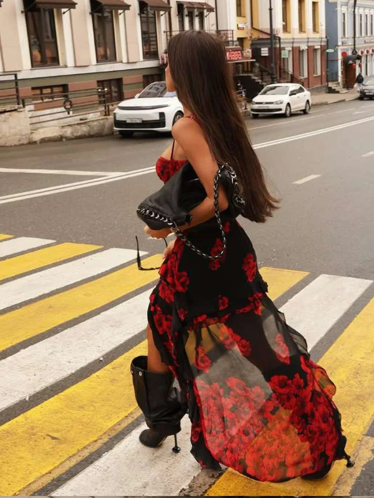 Flower Print Irregular Ruffles Tassel Hem Low-Neck Folds Skinny Street Midnight Party Dress - Image 9