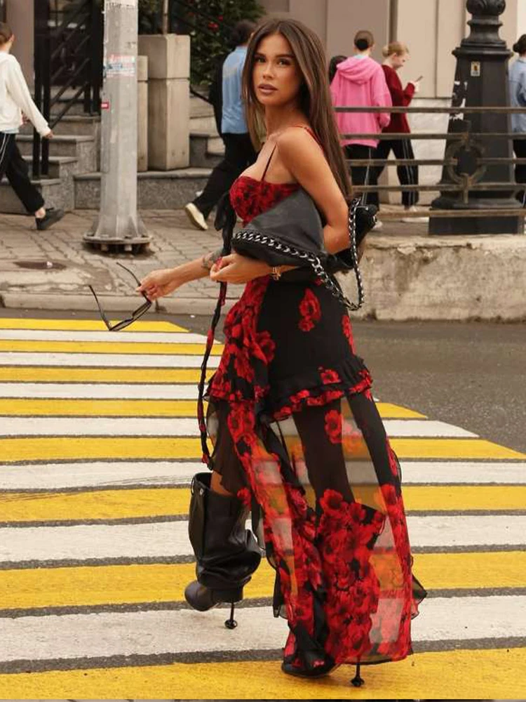 Flower Print Irregular Ruffles Tassel Hem Low-Neck Folds Skinny Street Midnight Party Dress - Image 6