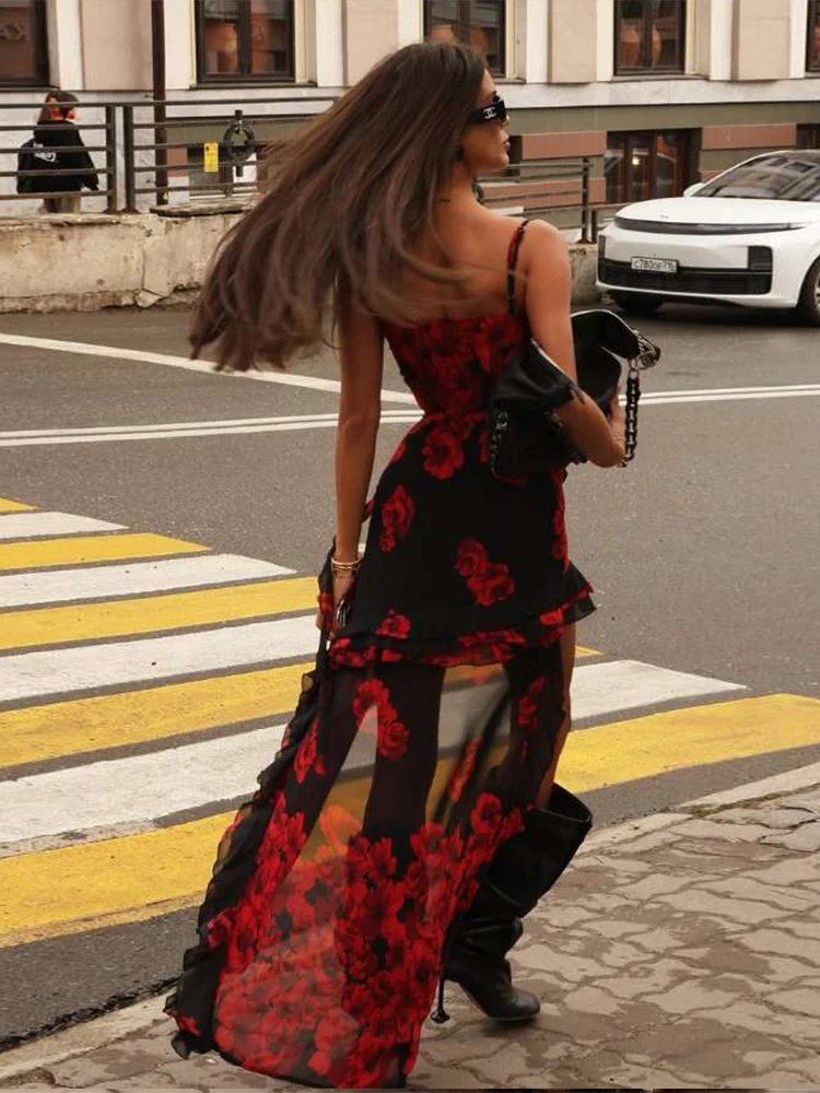 Flower Print Irregular Ruffles Tassel Hem Low-Neck Folds Skinny Street Midnight Party Dress - Image 2