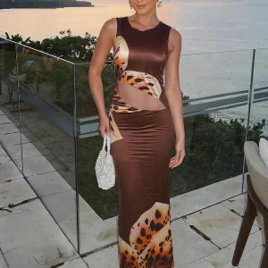 Flower Print O-Neck Sleeveless Holiday Beach Style Maxi Dress