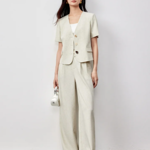 Formal Crop Spliced Button Blazer And Folds Straight-leg Pants 2 Piece Sets