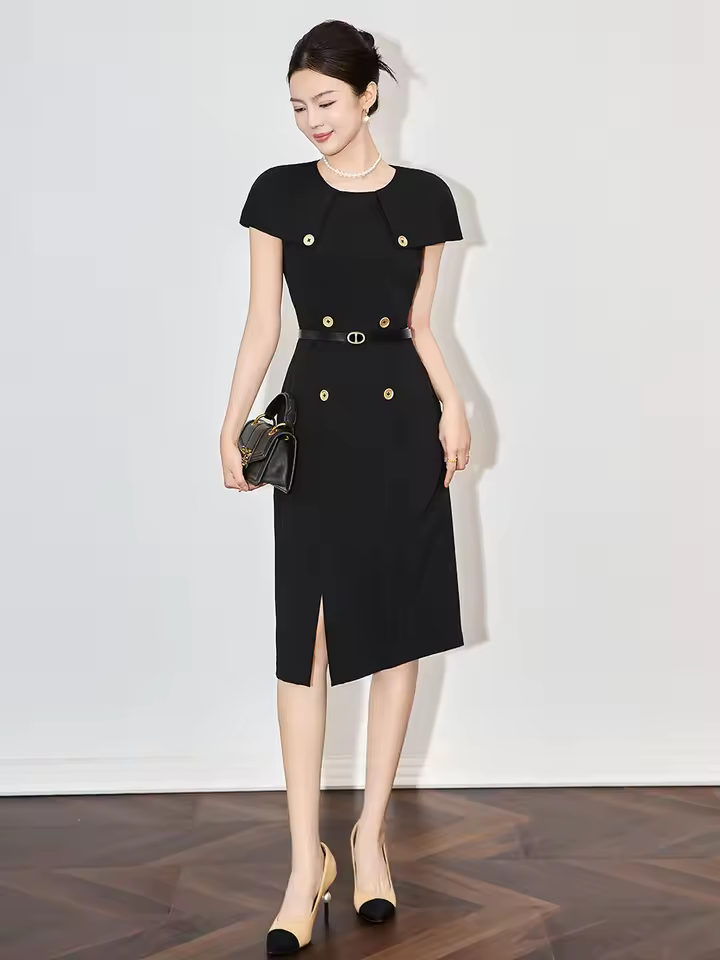 Formal Designer Double Breasted Cloak Sleeve Office Style Midi Dress - Image 3