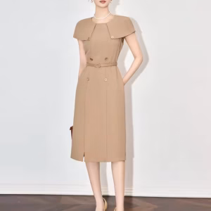 Formal Designer Double Breasted Cloak Sleeve Office Style Midi Dress