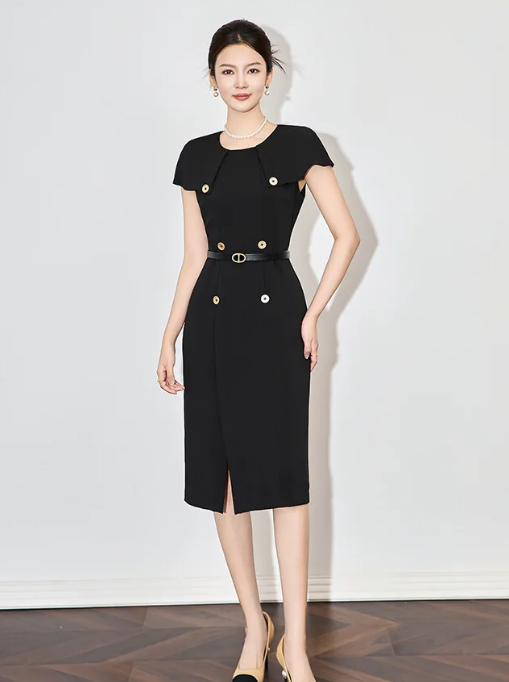 Formal Designer Double Breasted Cloak Sleeve Office Style Midi Dress - Image 4