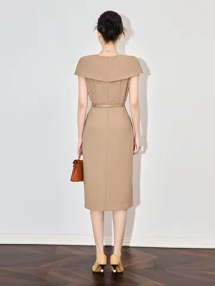 Formal Designer Double Breasted Cloak Sleeve Office Style Midi Dress - Image 2