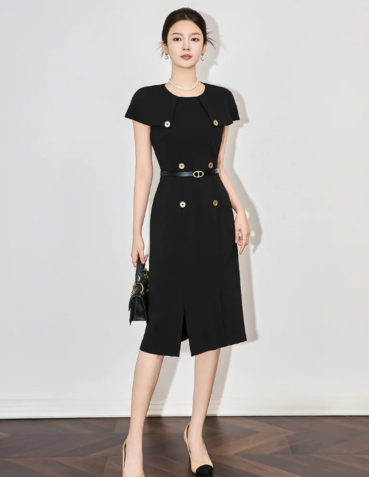 Formal Designer Double Breasted Cloak Sleeve Office Style Midi Dress - Image 5