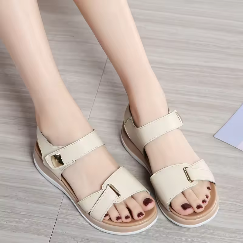 Formal Genuine Leather Soft Hook Loop Beach Style Flats Sandals