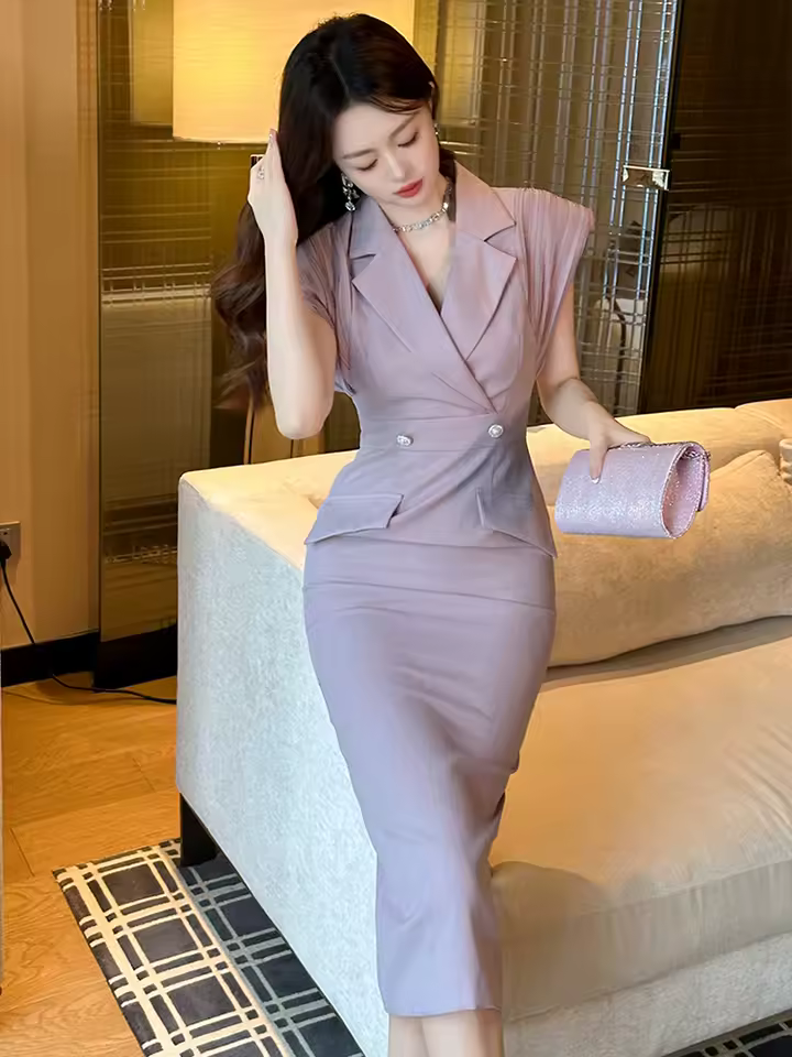 Formal Lapel Sleeveless Office Style Pencil Blazer Midi Dress - Image 4