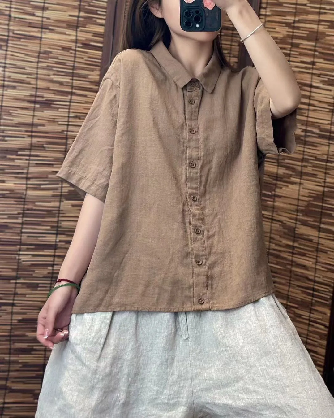 Formal Linen Lapel Single-breasted Slim-fit Short-sleeved Loose Shirt - Image 4