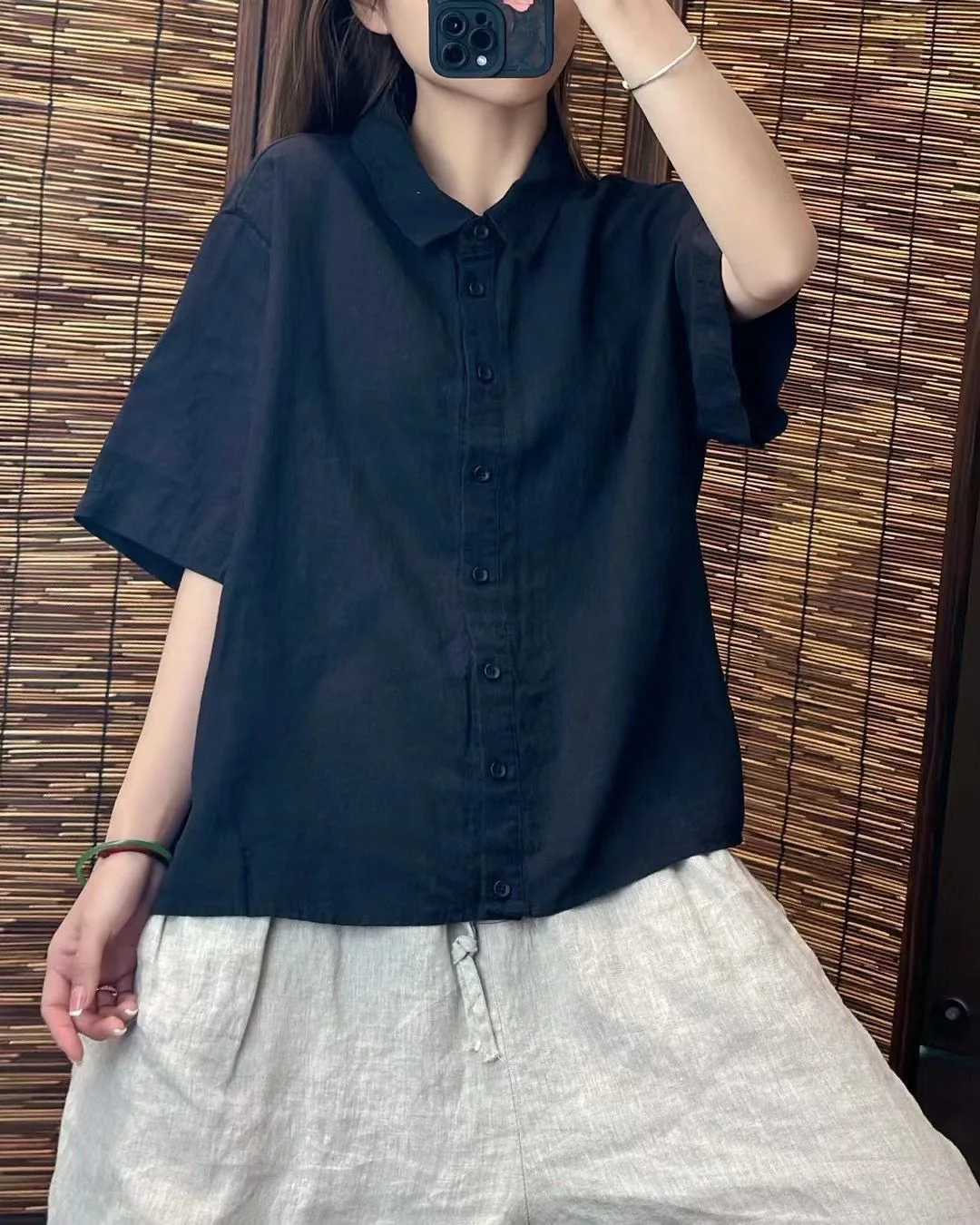 Formal Linen Lapel Single-breasted Slim-fit Short-sleeved Loose Shirt - Image 3