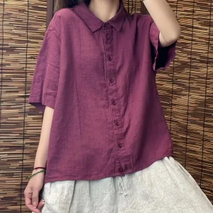 Formal Linen Lapel Single-breasted Slim-fit Short-sleeved Loose Shirt