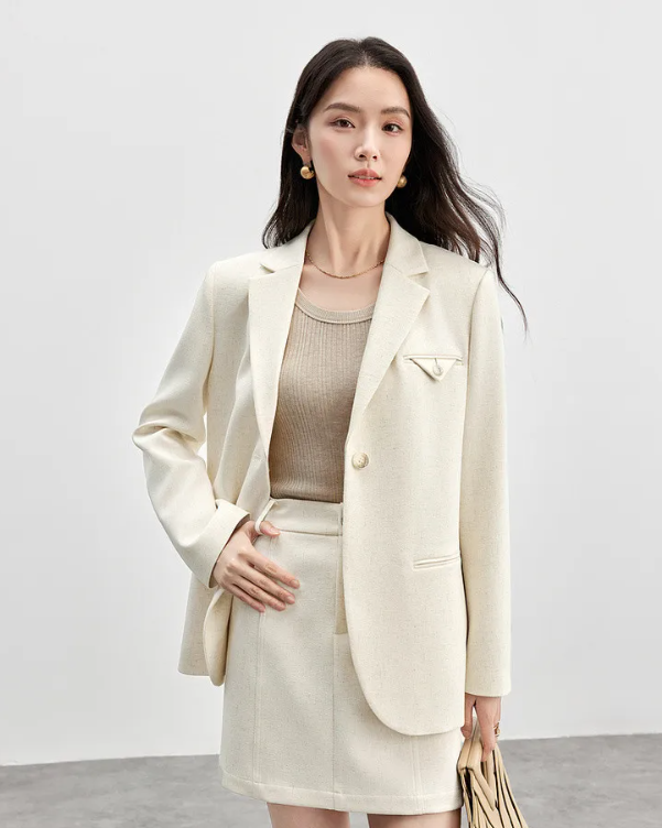 Skirt Suits Linen Blend Shoulder-pads Single Button Blazer And Skirt Two Piece Sets - Image 3