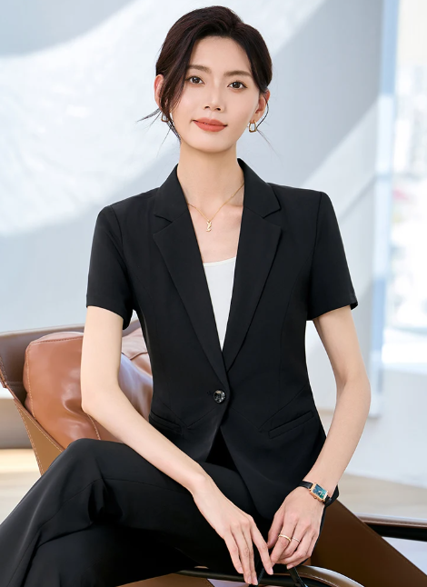 Formal Office Style Short Sleeve Slim Blazer And Pants 2 Piece Set - Image 2