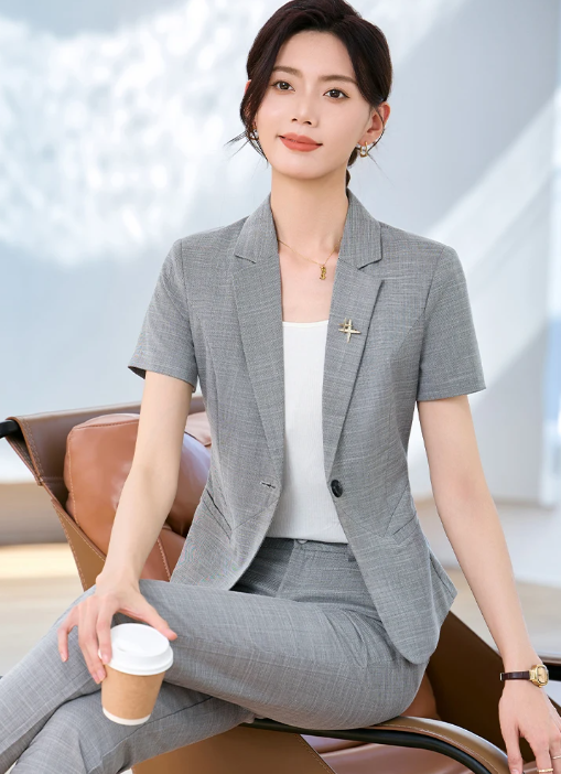 Formal Office Style Short Sleeve Slim Blazer And Pants 2 Piece Set - Image 8