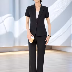 Formal Office Style Short Sleeve Slim Blazer And Pants 2 Piece Set