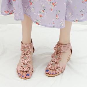 Elegant Open Toe Flower Wedge Back Strap Narrow Band Zipper Sandals